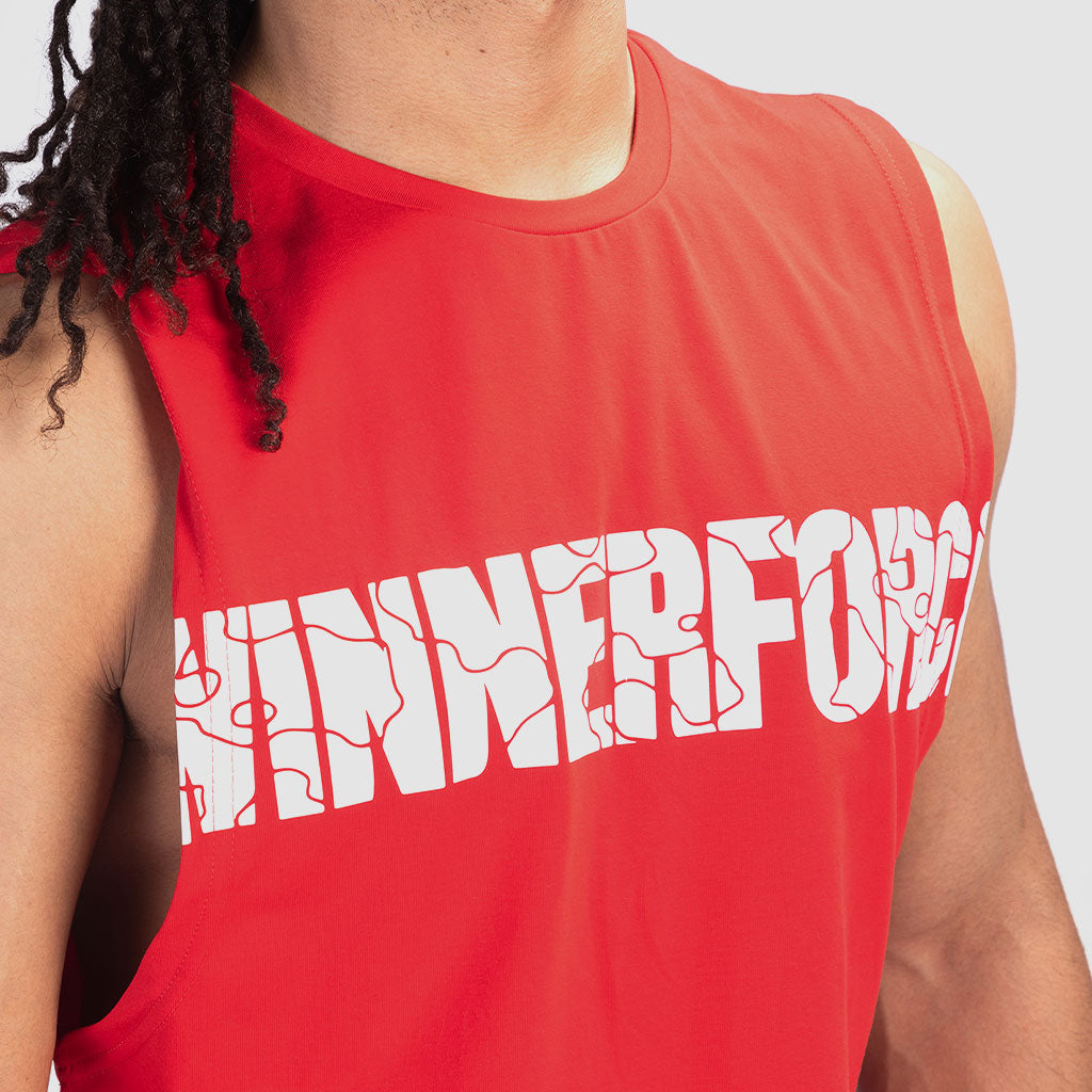 close up view for fit  man wearing tank high risk red with logo 