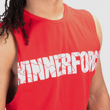 close up view for fit  man wearing tank high risk red with logo 