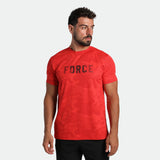 a fit man wearing t-shirt high risk red with pants  black 