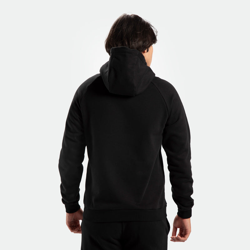 a fit man wearing  matching set black hoodie and pants 