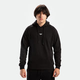 a fit man wearing matching set black hoodie with logo and lace ,plus pants with lace 