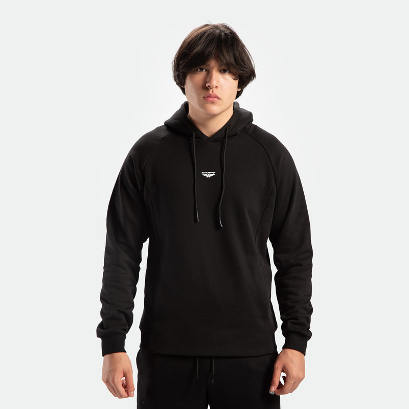 a fit man wearing matching set black hoodie with logo and lace ,plus pants with lace 