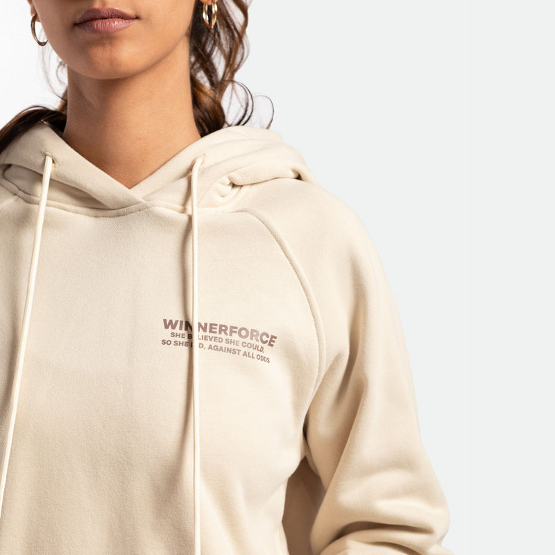 close up view for fit woman wearing  hoodie beige with logo brown 