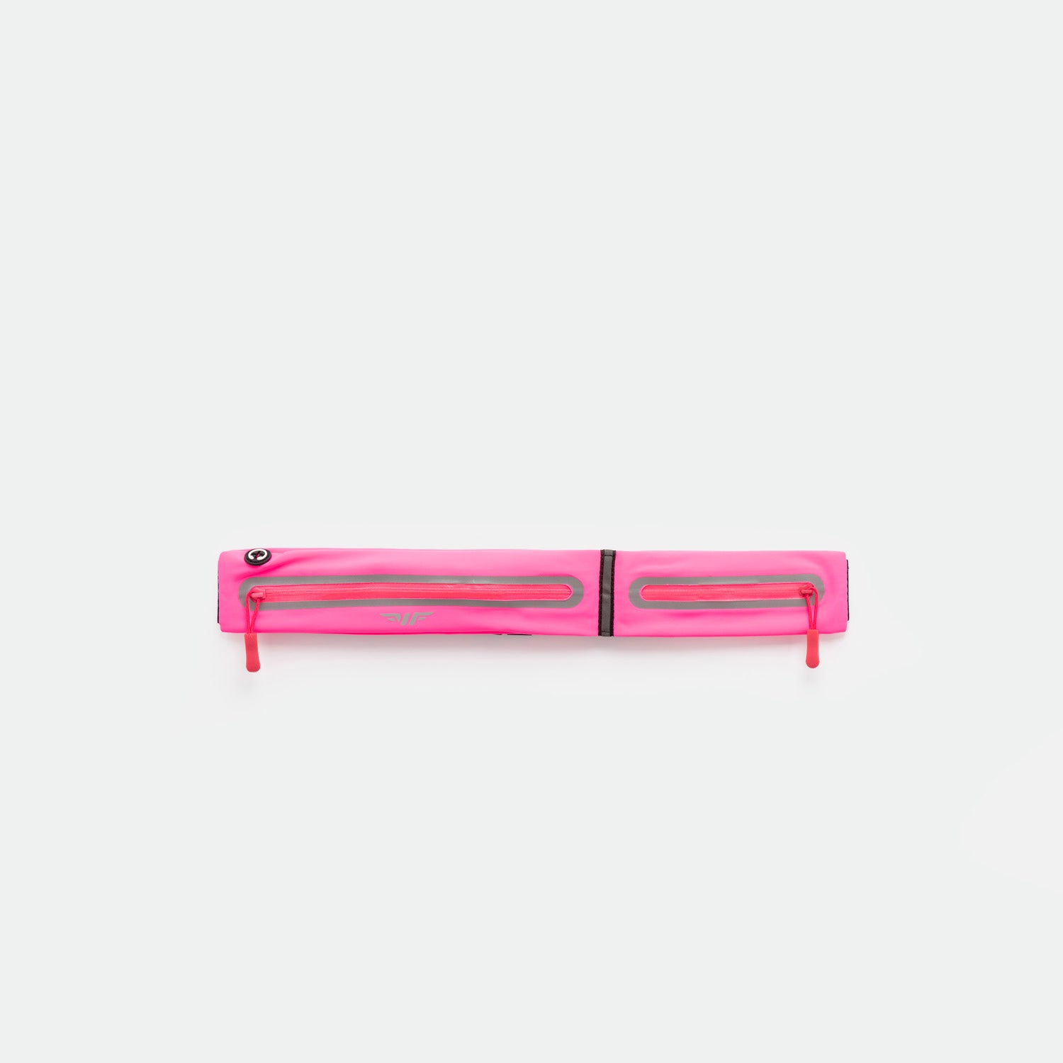 A  HOT-PINK, rectangular zippered pouch with two parallel reflective strips and zipper pulls, displayed against a plain white background.
