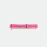 A  HOT-PINK, rectangular zippered pouch with two parallel reflective strips and zipper pulls, displayed against a plain white background.
