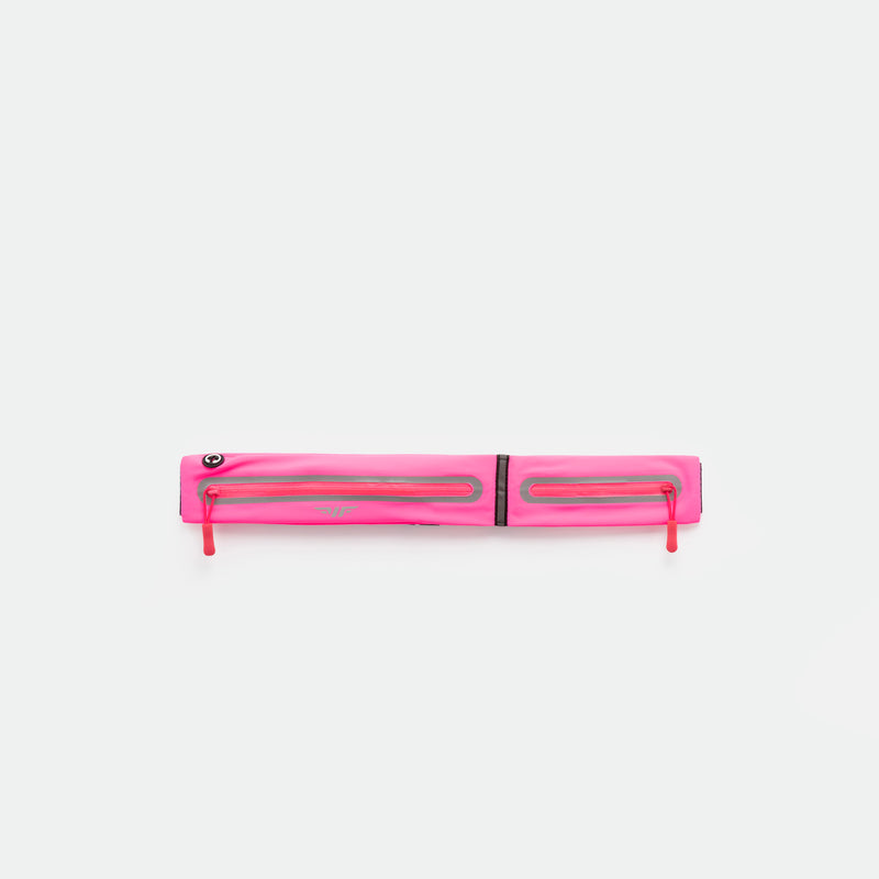 A  HOT-PINK, rectangular zippered pouch with two parallel reflective strips and zipper pulls, displayed against a plain white background.