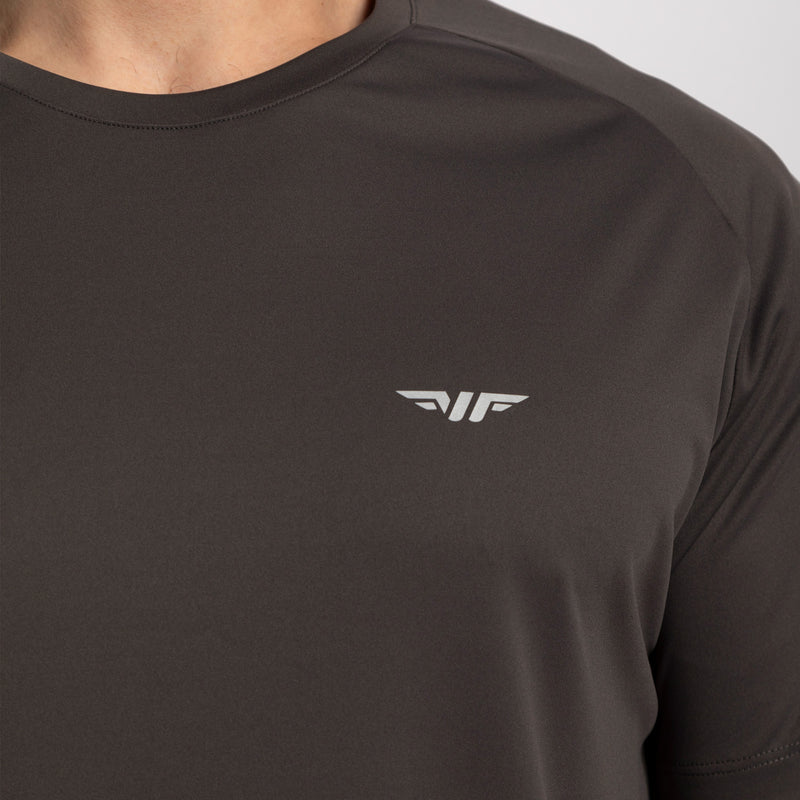 close up view for t-shirt dark grey with logo white 
