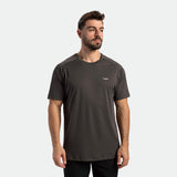 a fit man wearing t-shirt dark grey  with logo and pants black