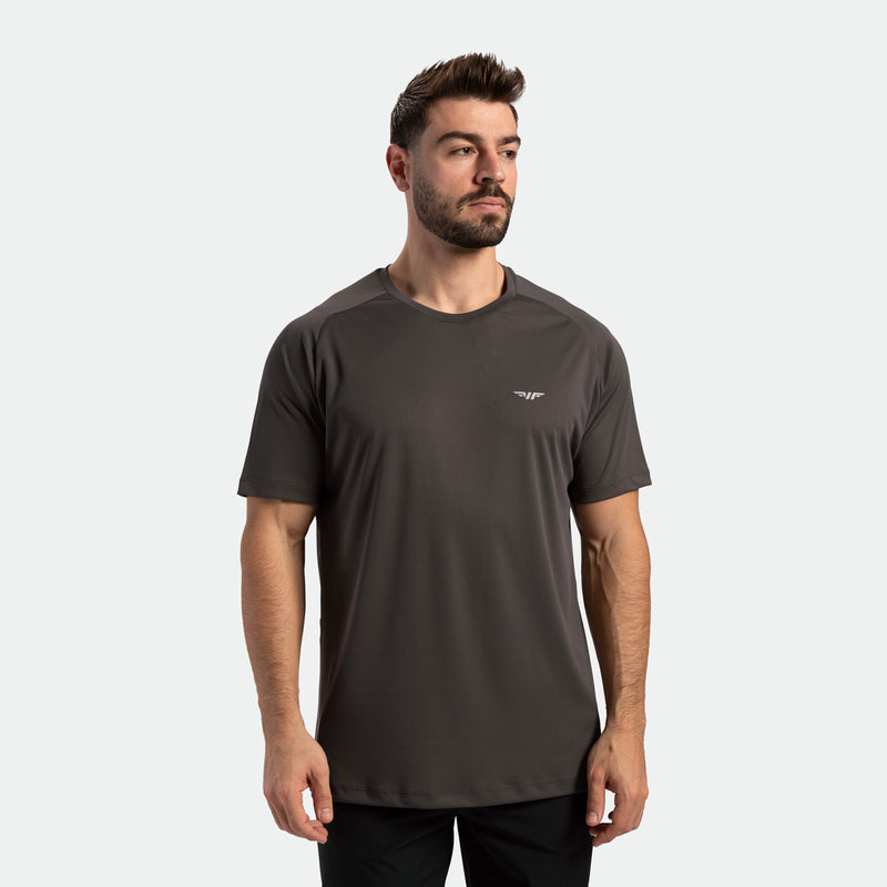 a fit man wearing t-shirt dark grey  with logo and pants black