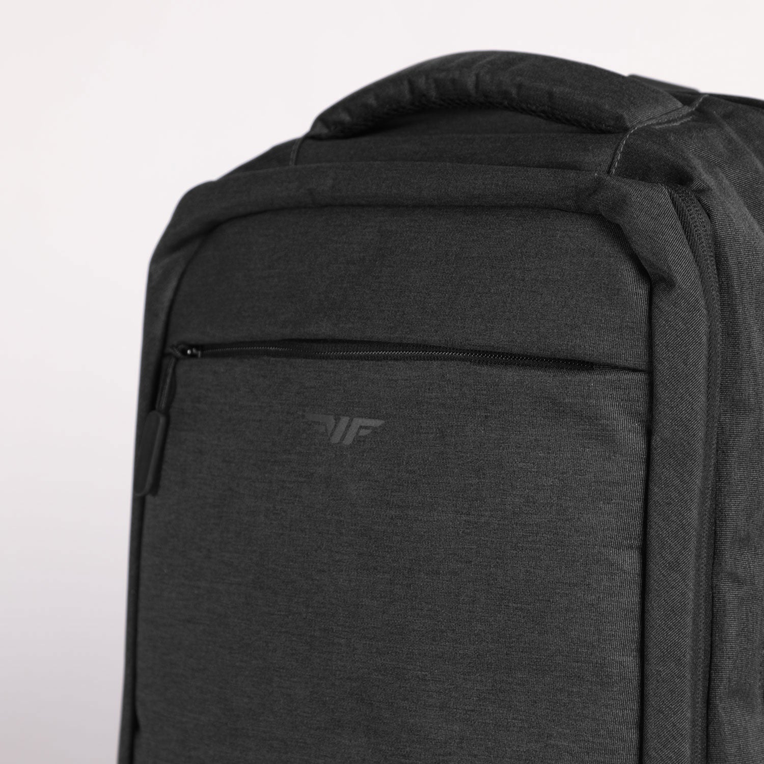 close up view for backpack iron grey with zipper and logo 