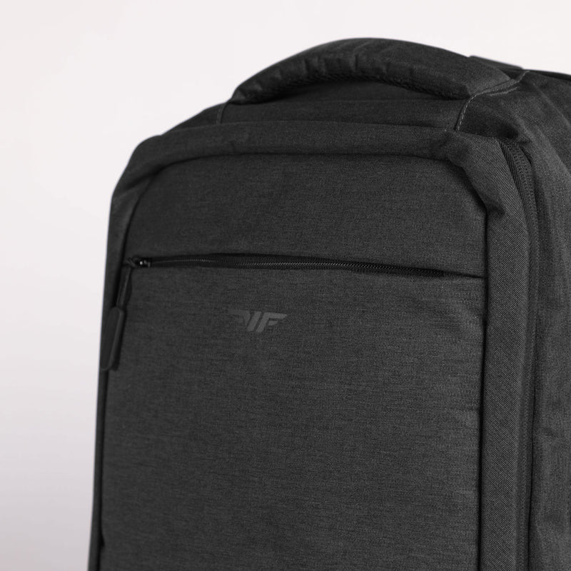 close up view for backpack iron grey with zipper and logo 