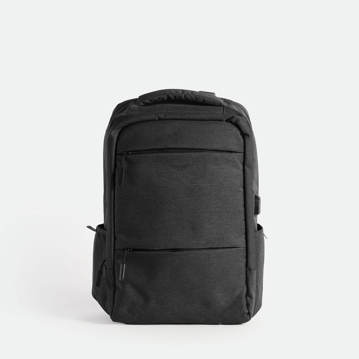 Sleek iron grey men's fitness backpack with a minimalist design, front zipper pockets