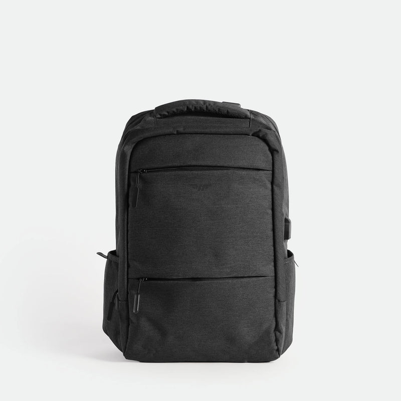 Sleek iron grey men's fitness backpack with a minimalist design, front zipper pockets