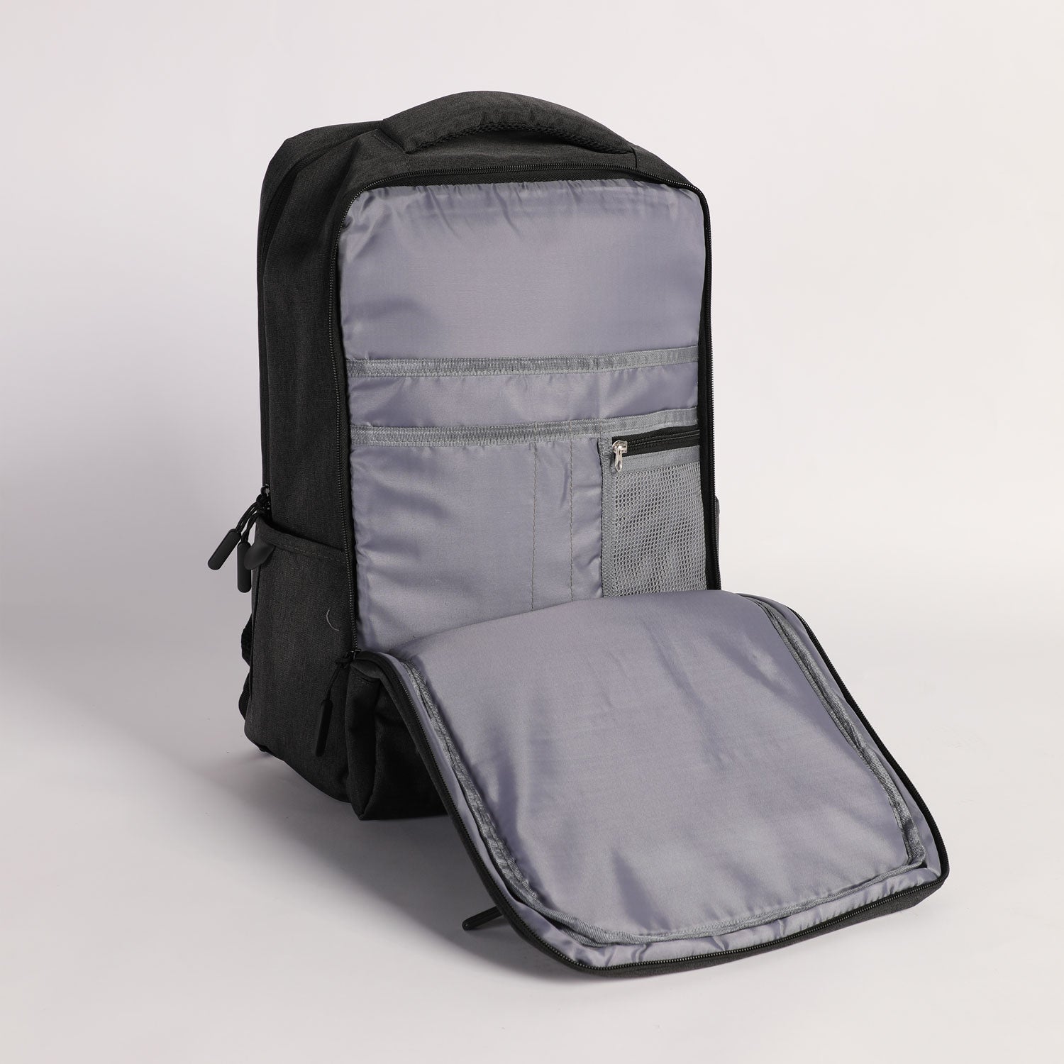 close up view for backpack iron grey  open  with many zipper and pocket 