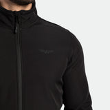 close up view for fit man wearing jacket black with logo 