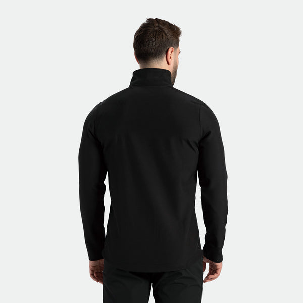 a back view for fit man wearing jacket black with pants black 