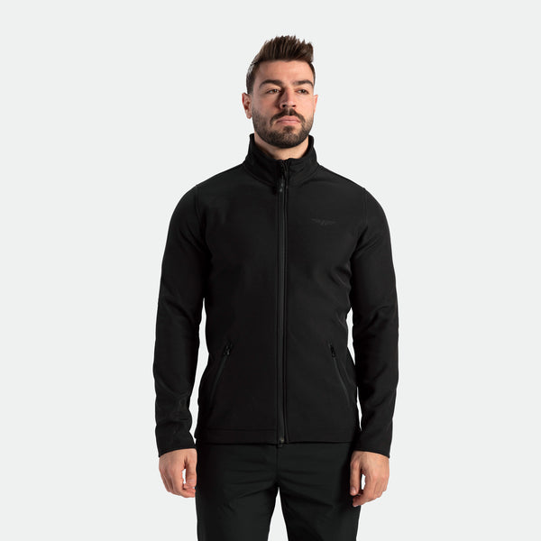 a fit man wearing jacket black with logo and pants black 