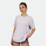 a  fit woman wearing t-shirt lavender blue with logo ,and she wearing short purple with logo 