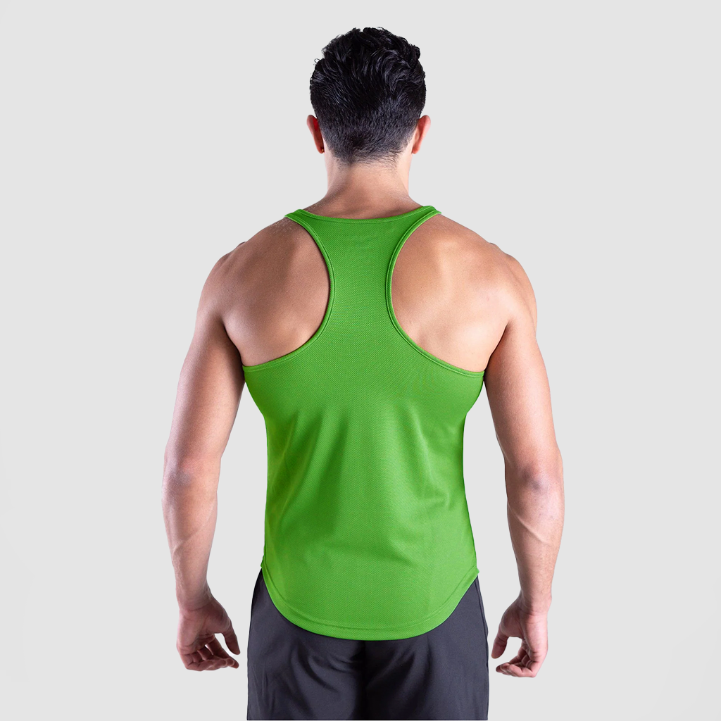 a back view for man wearing tank online lime green  with short black 