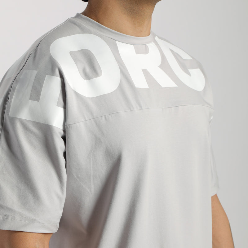 close up view for man wearing t-shirt light grey with logo 