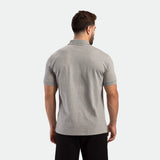 a back view for fit man wearing t-shirt light grey with  short black 