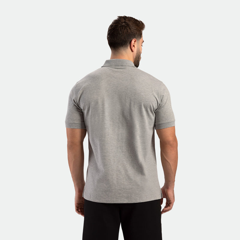 a back view for fit man wearing t-shirt light grey with  short black 