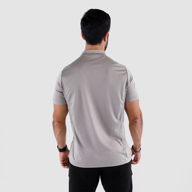 a back view for man wearing t-shirt light grey with pants 