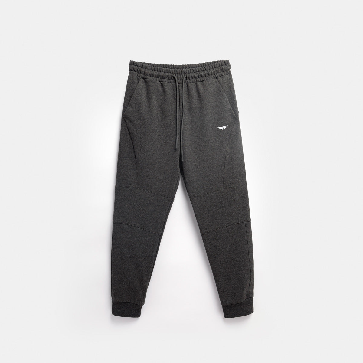 Dark gray jogger pants with an elastic waistband and cuffed ankles, featuring a small logo on the left thigh. The pants are laid flat on a light gray background.