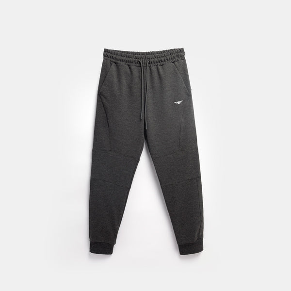 Dark gray jogger pants with an elastic waistband and cuffed ankles, featuring a small logo on the left thigh. The pants are laid flat on a light gray background.