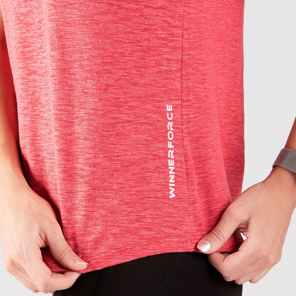 close up view for t-shirt marl candy red with logo ,plus the background is light grey 