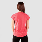 a back view for fit woman wearing t-shirt marl candy red with legging black ,plus the background is light grey 