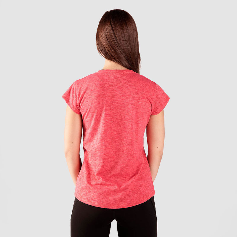 a back view for fit woman wearing t-shirt marl candy red with legging black ,plus the background is light grey 
