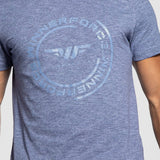 close up view for t-shirt  marl blue with logo 
