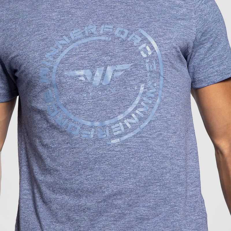 close up view for t-shirt  marl blue with logo 
