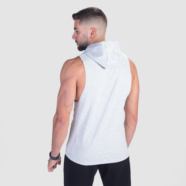a back view for fit man wearing half hoodie marl light grey with pants black 
