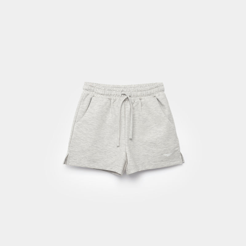 Light grey shorts with a drawstring waistband, displayed against a white background.