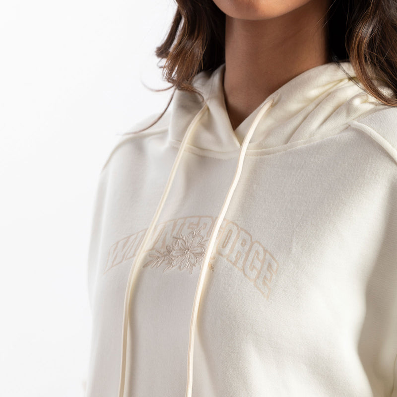 close up view  for fit woman wearing  hoodie  marshmallow with logo  