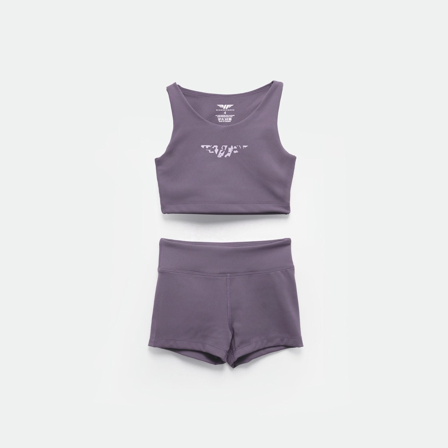 matching set purple crop top with logo and short 