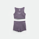 matching set purple crop top with logo and short 