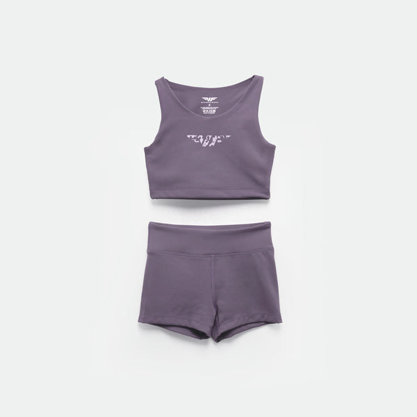 matching set purple crop top with logo and short 