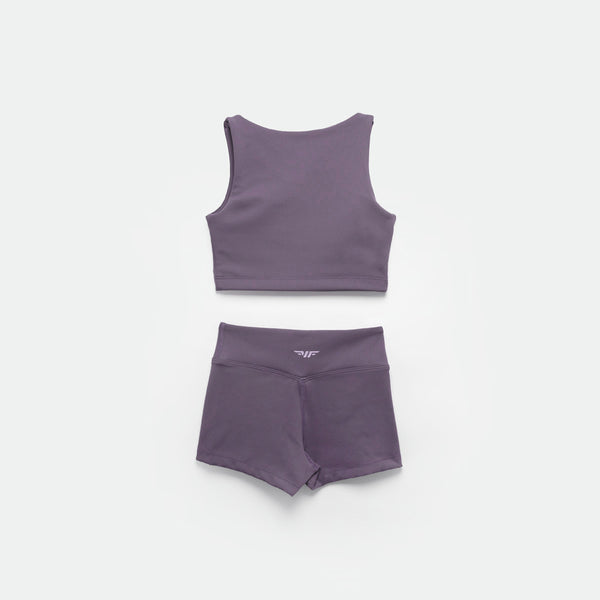 a back view for matching set purple crop top and short  with logo 