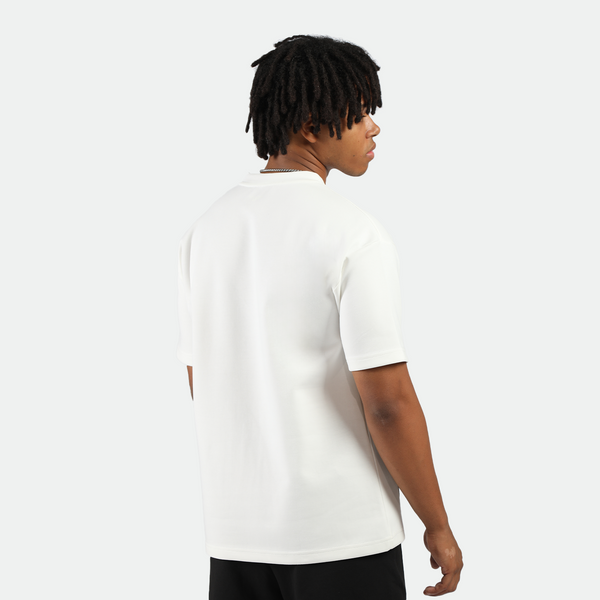 a back view for man wearing  t-shirt white  with short black 
