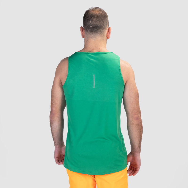 a back view for fit man wearing tank  spring green with short yellow 