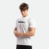 a fit man wearing camo  t-shirt white with pants black 