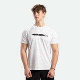 a fit man wearing camo t-shirt white  with logo and pants black 