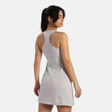 a back view for fit woman wearing dress grey 