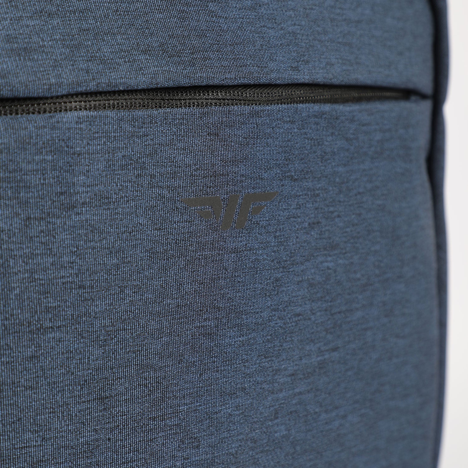 close up view for backpack navy blue with logo black 