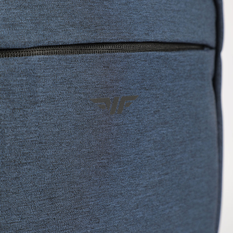 close up view for backpack navy blue with logo black 