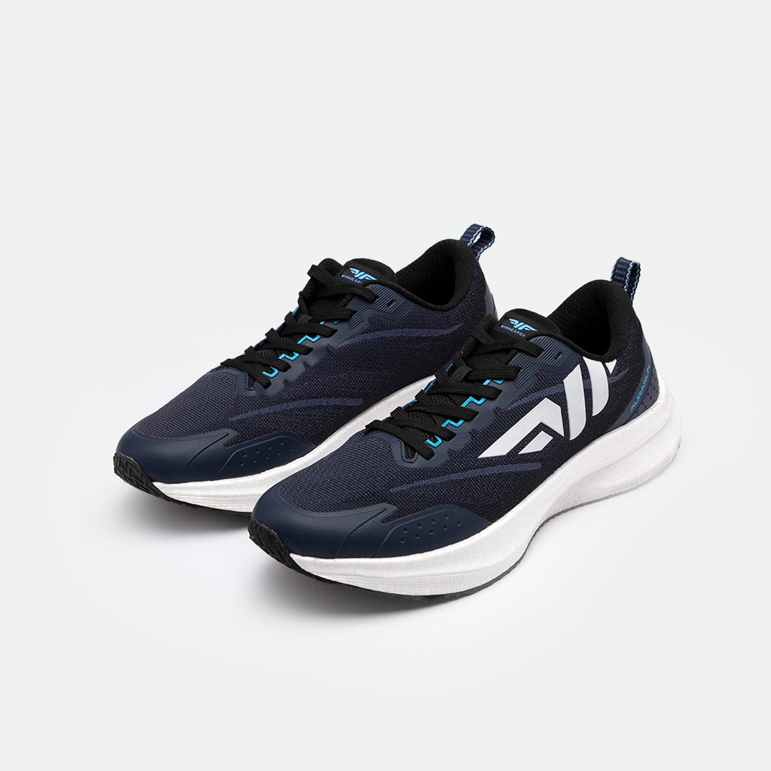A pair of navy blue athletic running shoes with white soles and blue accents on the laces and design, set against a plain white background.