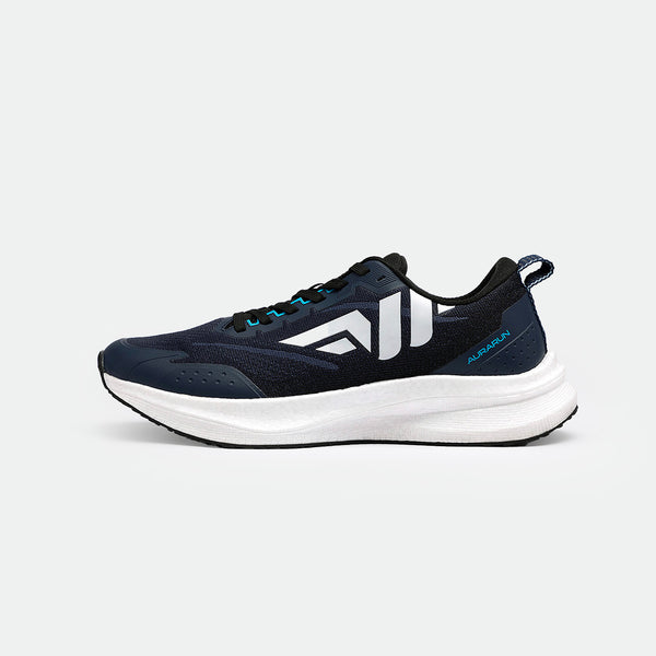 A sleek navy running shoes with white accents and a thick white sole. The shoes features a black lace and a subtle blue logo on the heel, conveying a sporty tone.